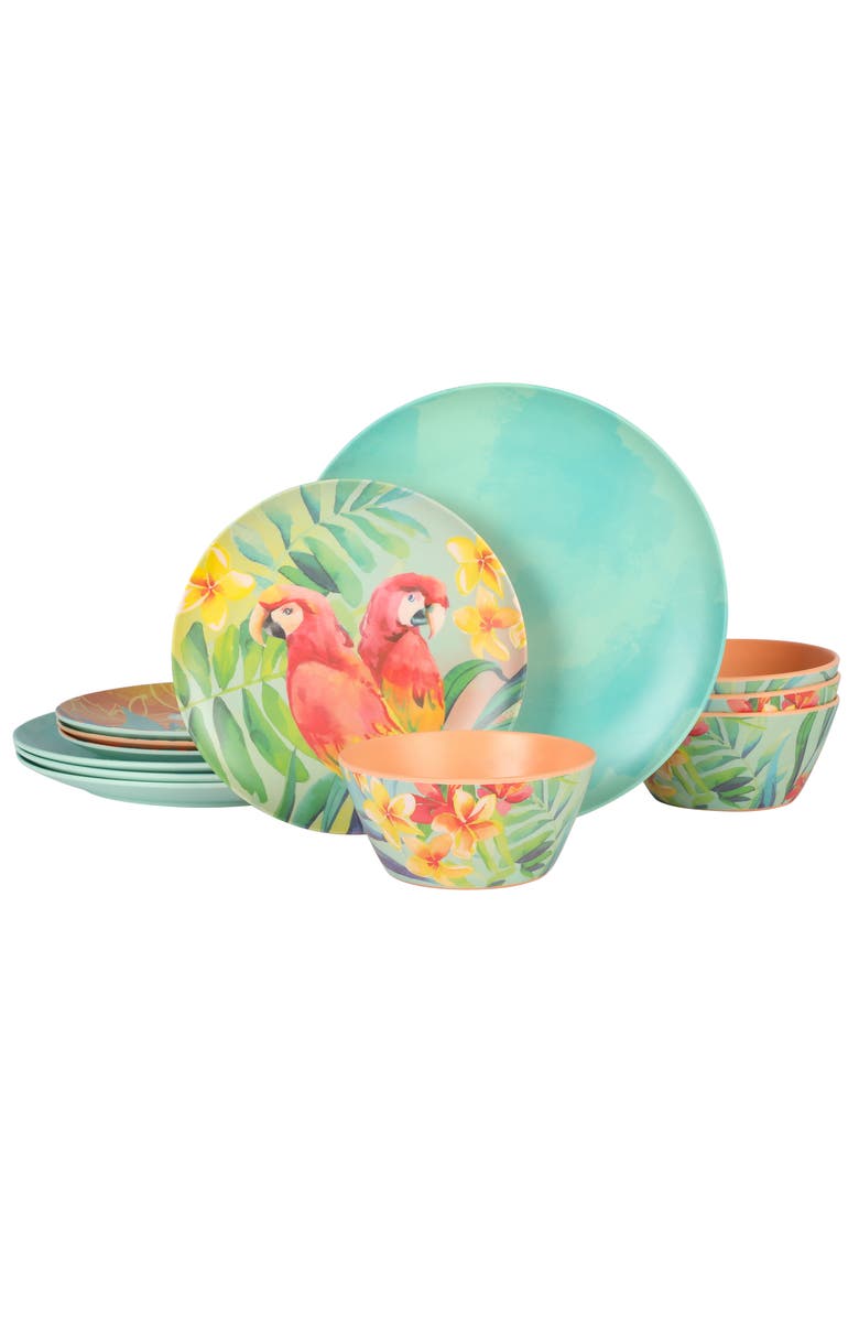 Laurie Gates Tropical Parrots 12 piece Melamine Dinnerware Set, Main, color, Assorted