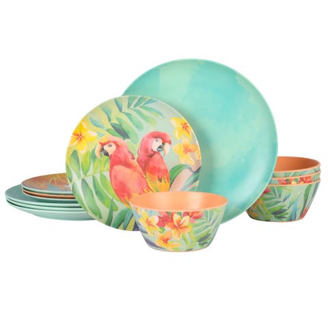 Tropical Parrots 12 piece Melamine Dinnerware Set