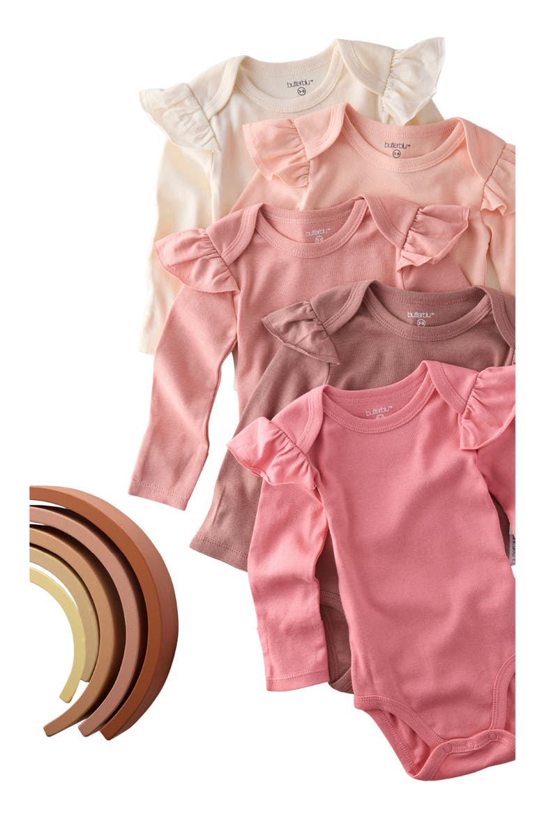 Ashley Ruffle Long Sleeve Organic Cotton 5-Pack Bodysuits, Alternate, color, SUNSET