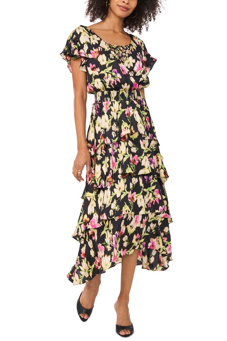 Floral Tiered Flutter Sleeve Midi Dress, Main, color, RICH BLACK