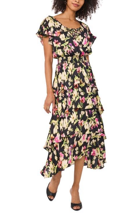Floral Tiered Flutter Sleeve Midi Dress