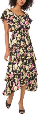 Vince Camuto Floral Tiered Flutter Sleeve Midi Dress