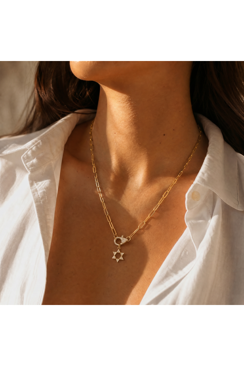 CZ Star of David Clasp Charm Necklace, Alternate, color, Gold