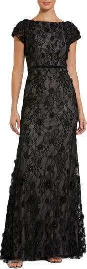 （US発）Mac Duggal フローラル袖ボートネック ロングドレス Mac Duggal Floral Applique Boat Neck Short Sleeve Gown