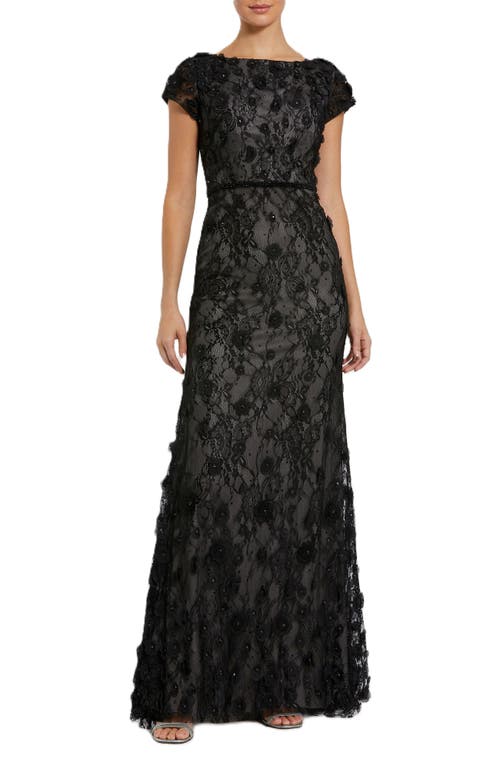 Mac Duggal Floral Applique Boat Neck Short Sleeve Gown In Black