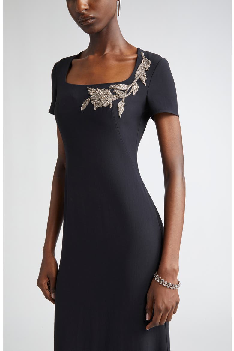 Banshee Embroidery Leaf Crepe Gown, Alternate, color, BLACK