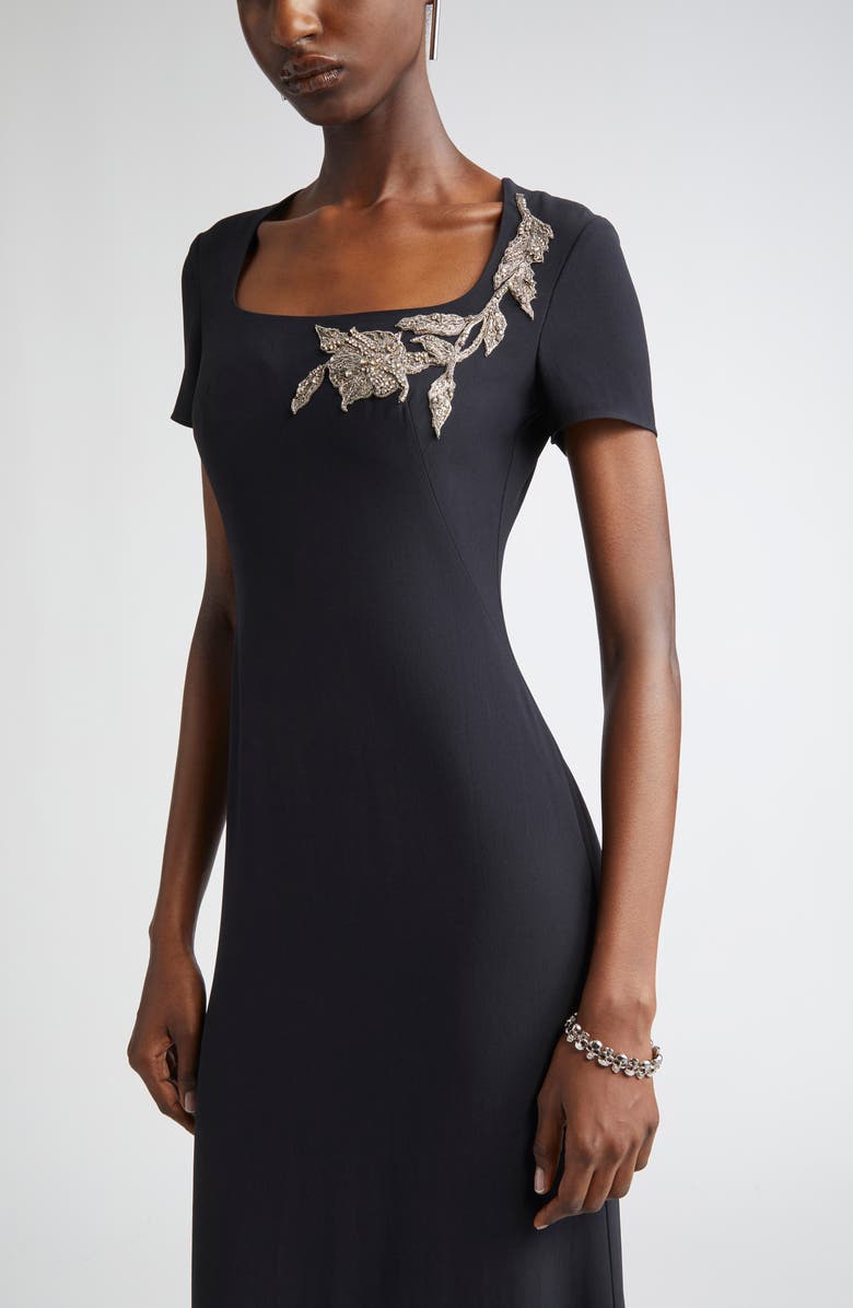 McQueen Banshee Embroidery Leaf Crepe Gown, Alternate, color, Black