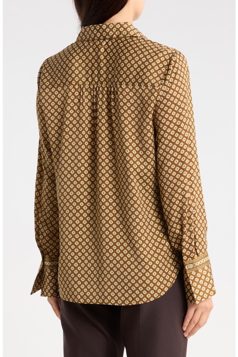 Satin Tie Neck Button-Up Shirt, Alternate, color, BRONZE SMALL FLORETTE STAMPS