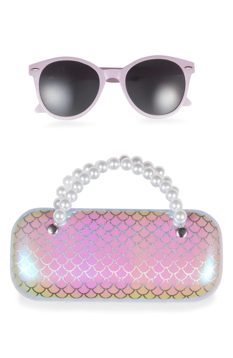 Capelli New York Kids' Round Sunglasses & Mermaid Scale Case Set, Main, color, Purple Combo