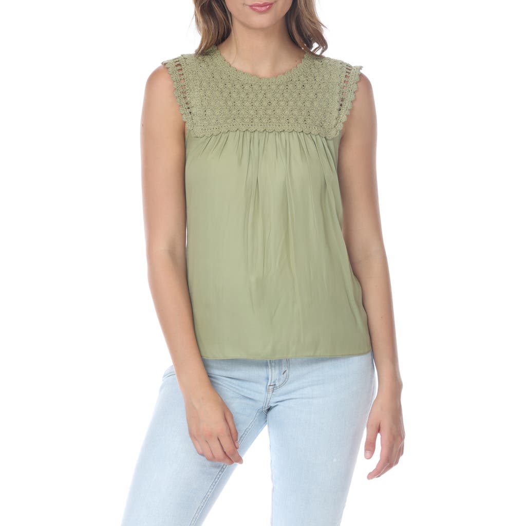 Shop Rain And Rose Lacey Knit Yoke Mixed Media Tank In Olive