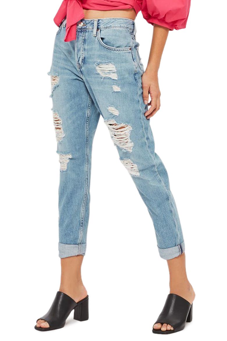 Moto Hayden Super Ripped Boyfriend Jeans, Main, color, LIGHT DENIM
