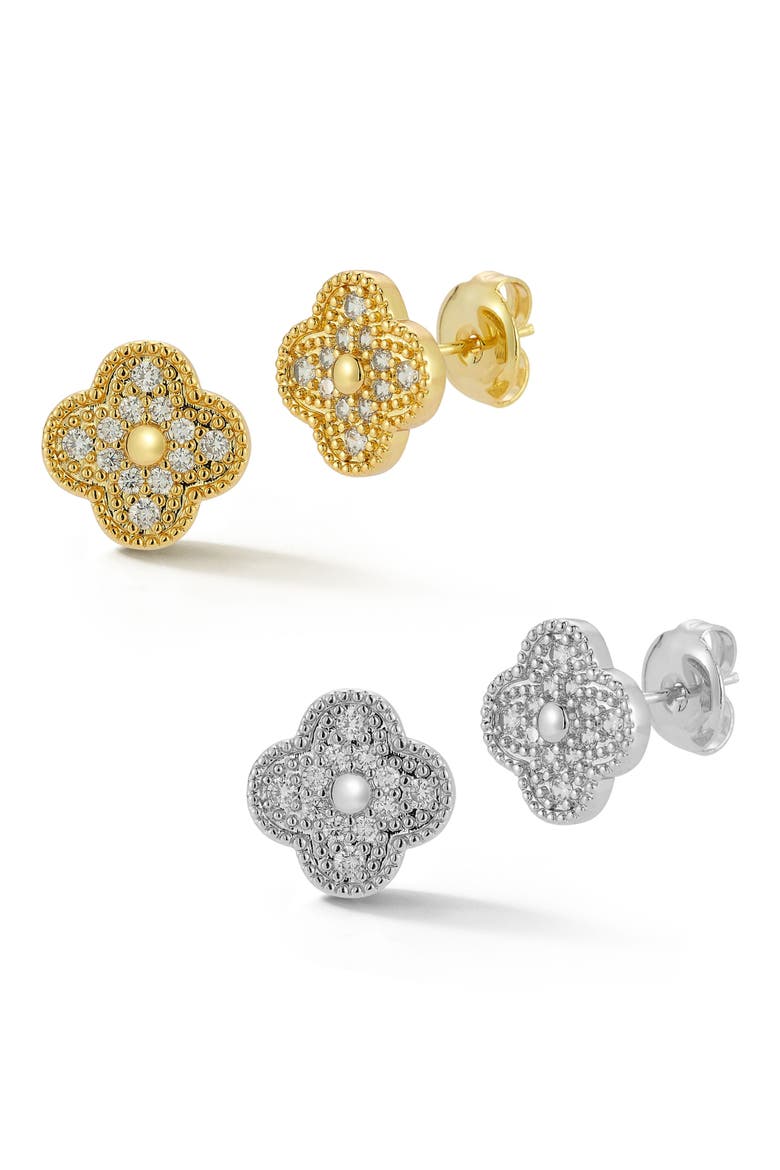 Set of 2 Two-Tone Cubic Zirconia Clover Stud Earrings, Main, color, GOLD/ SILVER