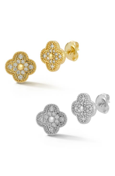 Set of 2 Two-Tone Cubic Zirconia Clover Stud Earrings