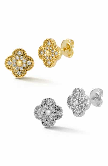GLAZE JEWELRY Set of 2 Two-Tone Cubic Zirconia Clover Stud Earrings