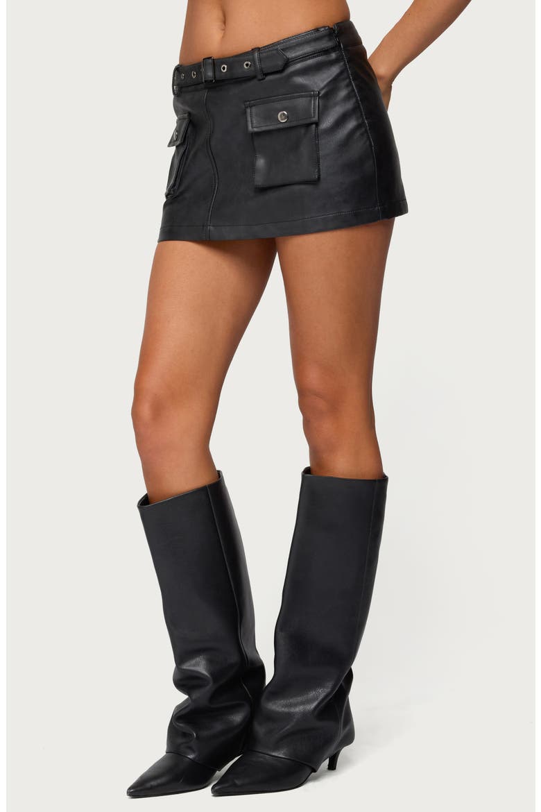 Belted Low Rise Cargo Faux Leather Miniskort, Alternate, color, BLACK