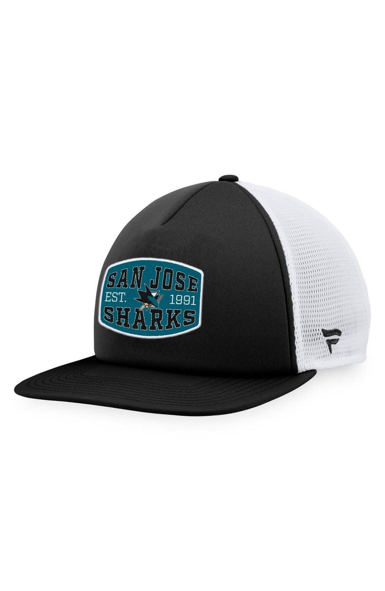 FANATICS Men's Fanatics Branded Black/White San Jose Sharks Foam Front Patch Trucker Snapback Hat, Main, color, Black