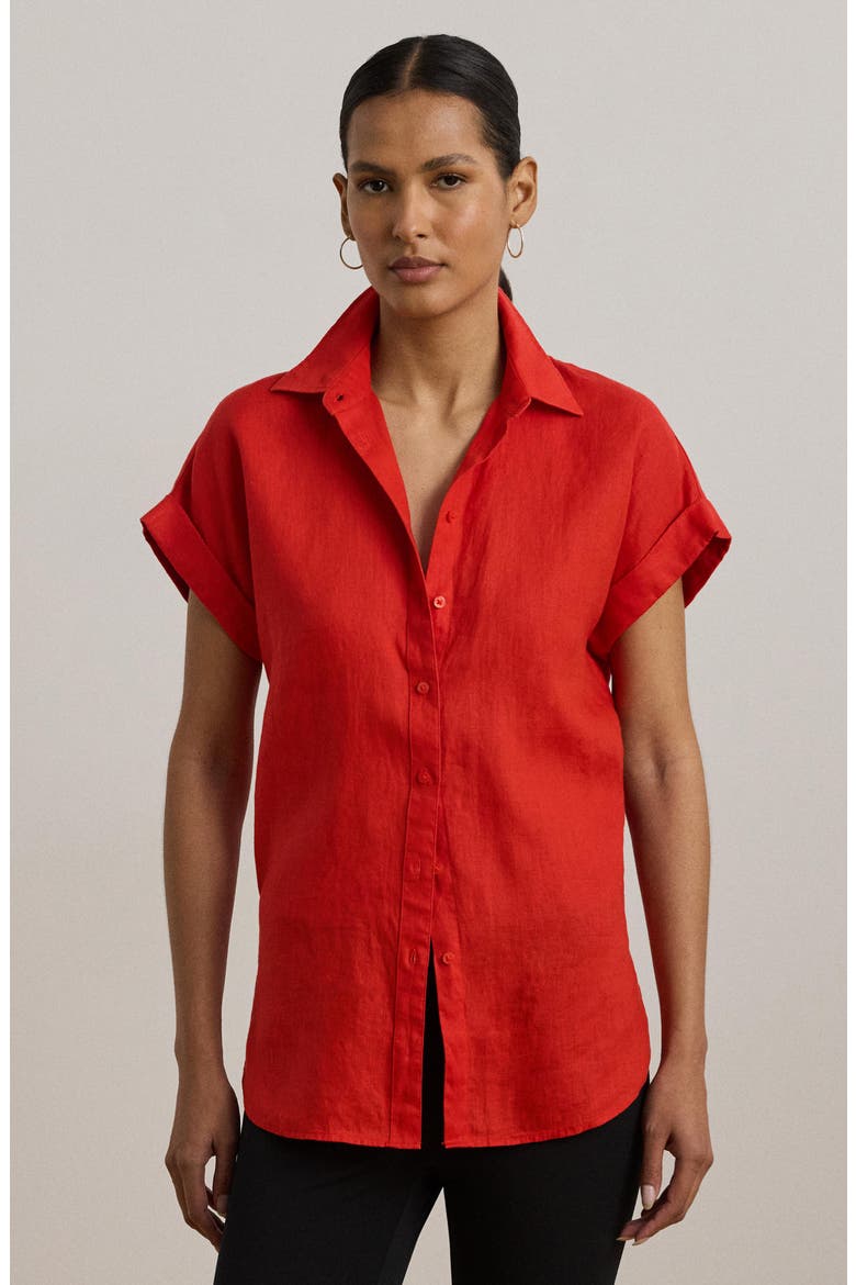 Short Sleeve Linen Button-Up Shirt, Alternate, color, BRIGHT VERMILION