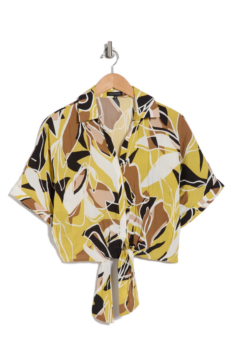 Pleione Front Tie Textured Popover Top, Alternate, color, Kiwi/ Taupe/ Bw Abstrct Patch