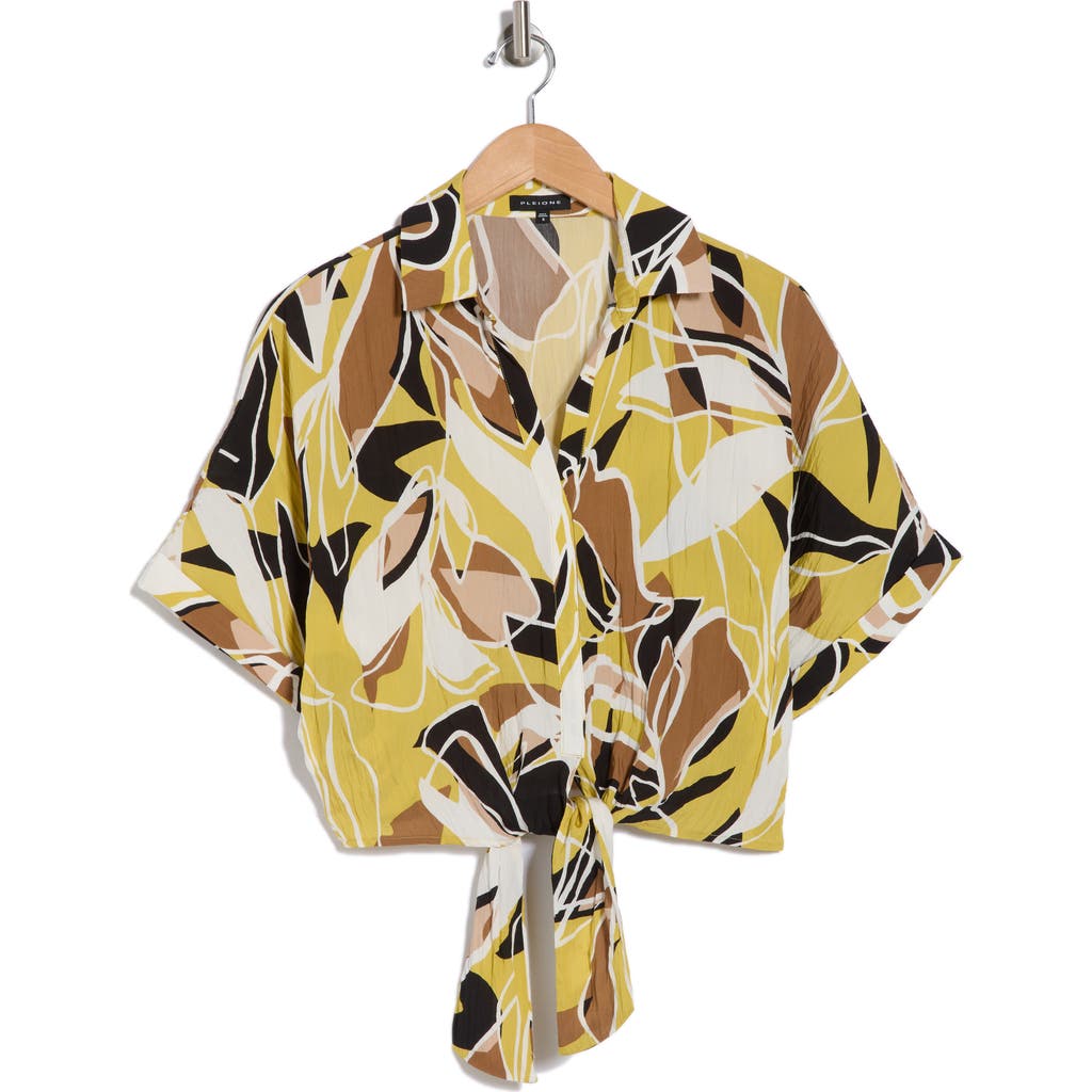 Pleione Front Tie Textured Popover Top In Kiwi/taupe/bw Abstrct Patch