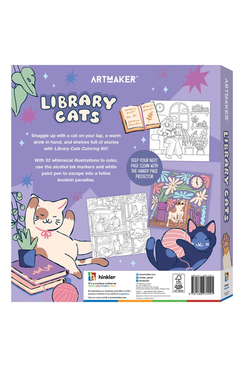 Library Cats, Creative Coloring Kit, Adult Activity Set, 32 Designs, Alternate, color, Multicolored