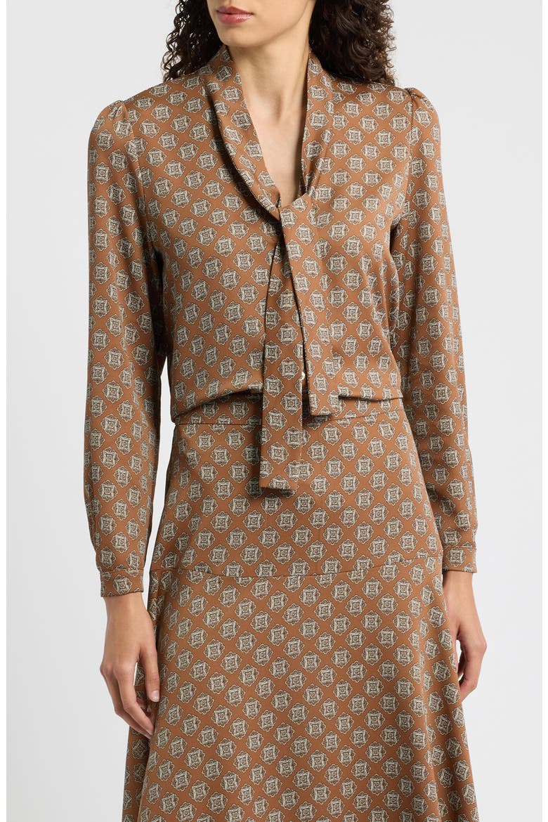 Tie Neck Long Sleeve Top, Main, color, BURNT BROWN TIE PRINT