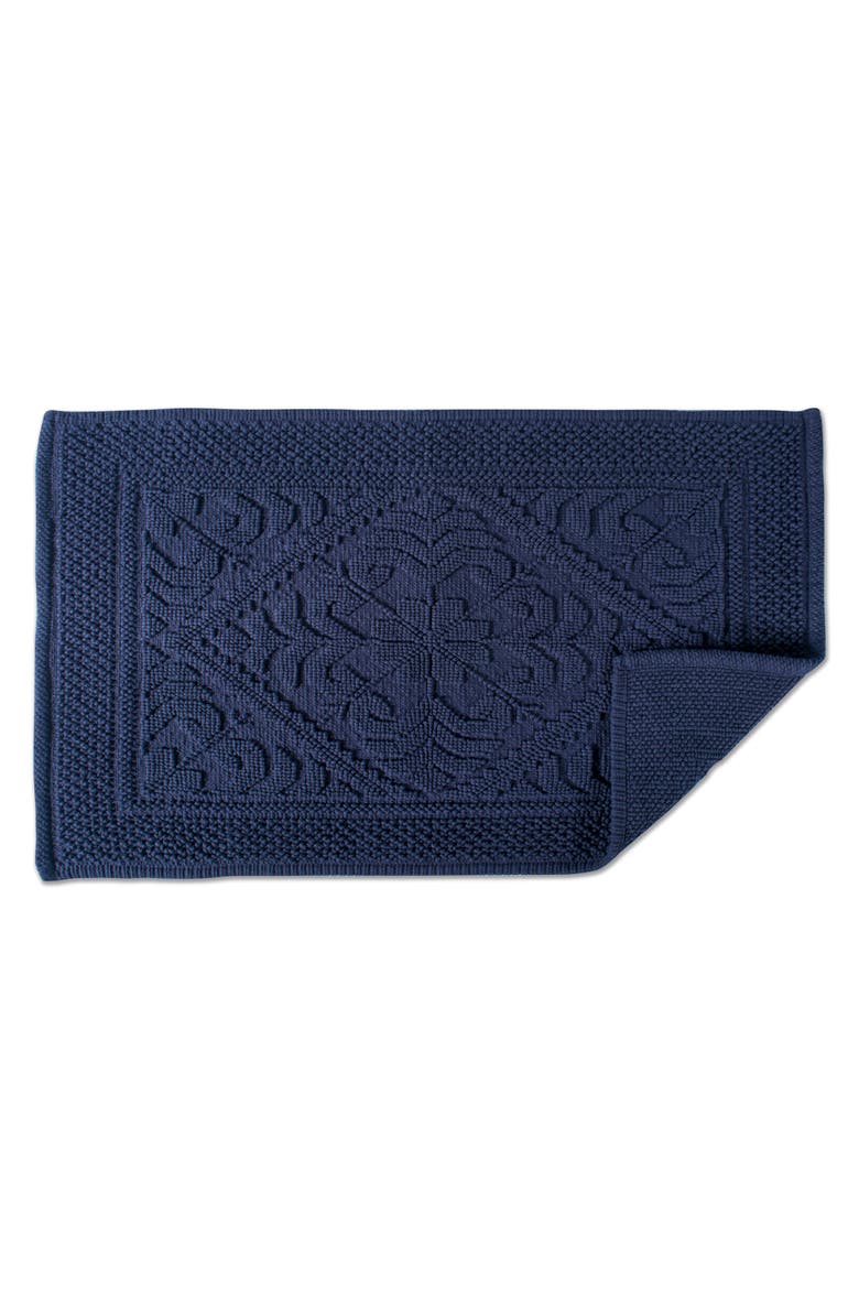 Jacquard Bordered Bath Mat, 20x31", Alternate, color, Navy Damask