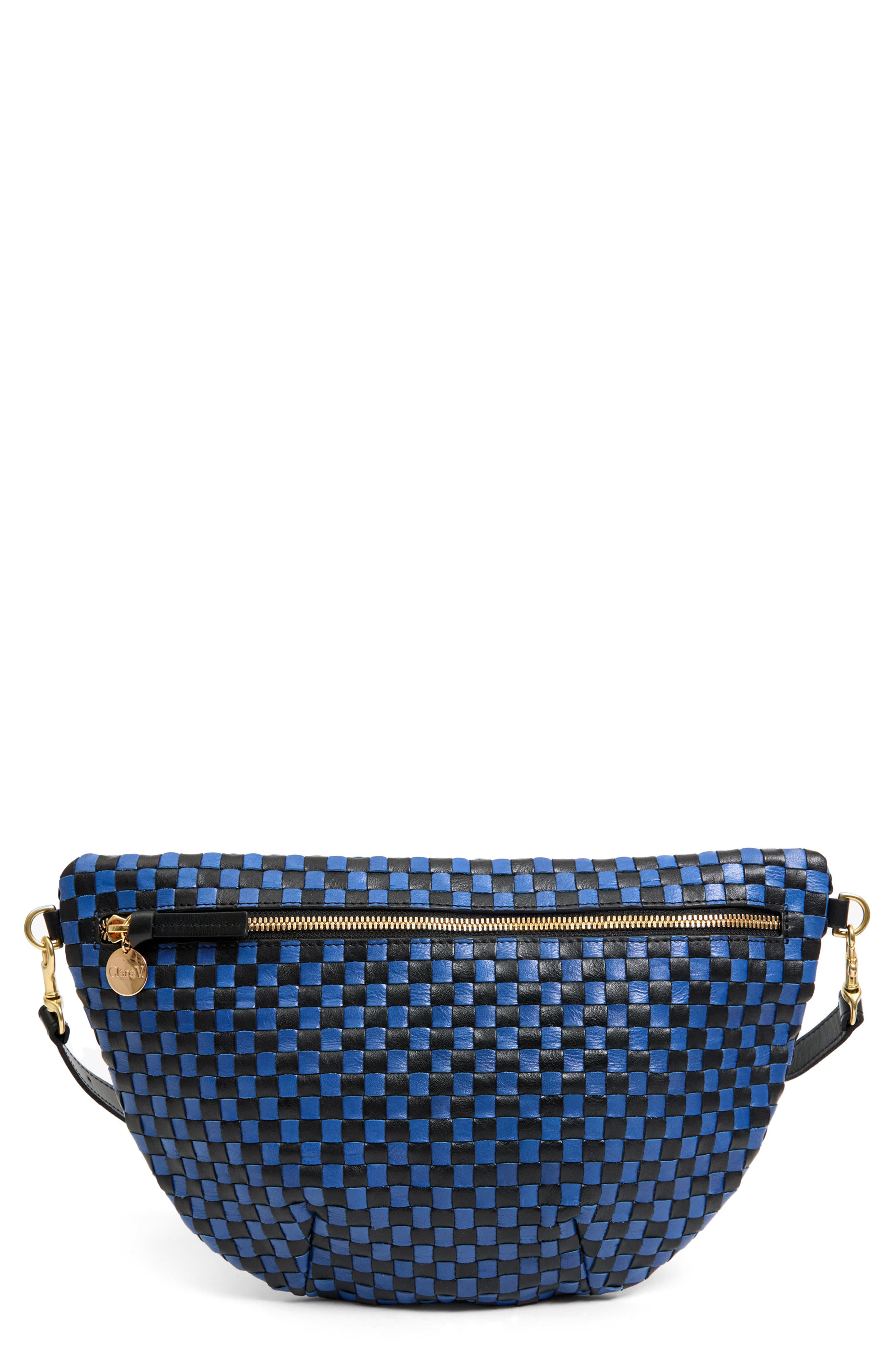 Clare V. Grande Woven Leather Belt Bag, Main, color, Black/ Cobalt