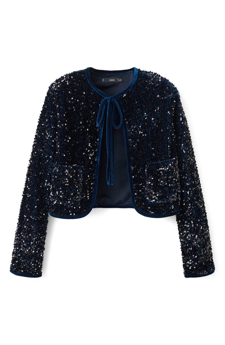 MANGO Sequin Velvet Tie Neck Jacket, Alternate, color, Navy