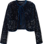 MANGO Sequin Velvet Tie Neck Jacket