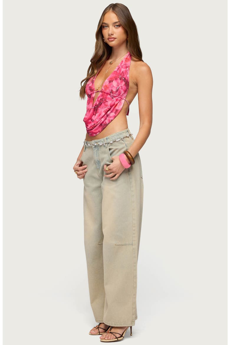 Floral Mesh Cowl Neck Halter Top, Alternate, color, PINK