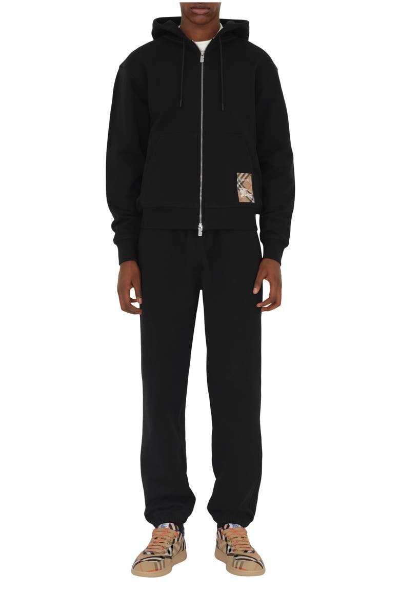 Burberry Check Label Cotton Zip Hoodie, Main, color, Black