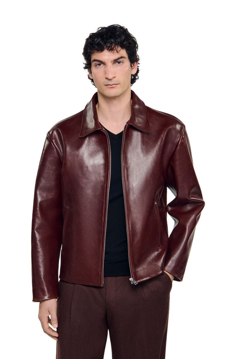 SANDRO Classic zip-up leather jacket, Alternate, color, Cognac