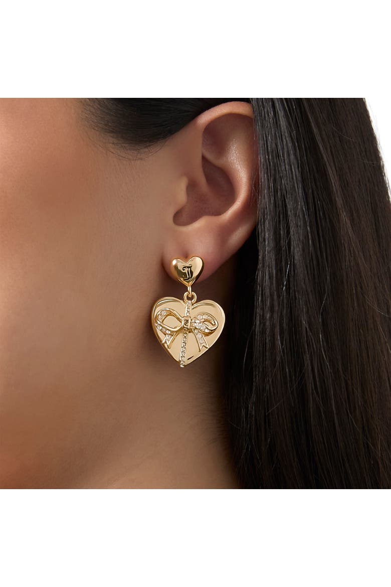 Quilted Double-Heart Drop Earrings, Gold-Tone with Crystal Accents, Alternate, color, Gold Tone