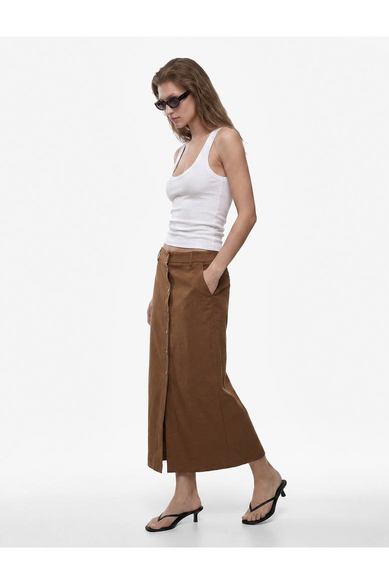 Button Down Midi Linen Skirt, Alternate, color, BROWN
