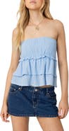 EDIKTED Strapless Tiered Chambray Top
