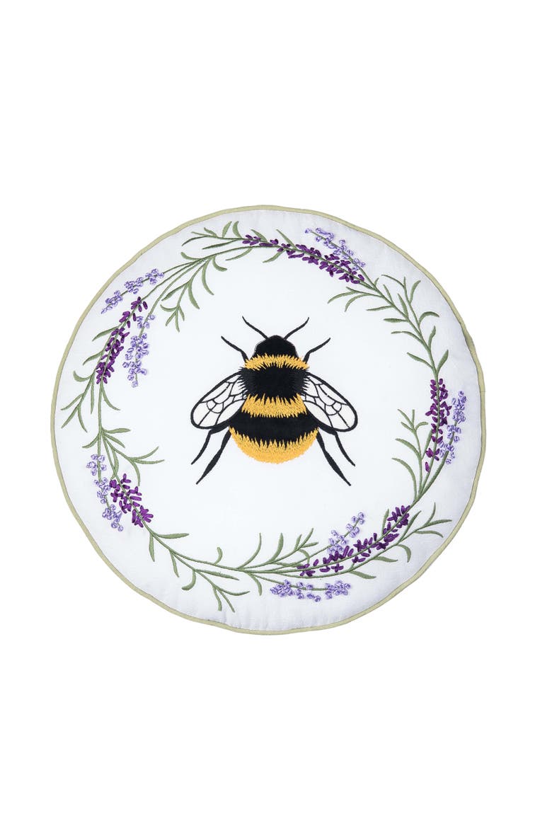Lavender Bee Wreath Round Cotton Blend Spring Accent Throw Pillow 16", Main, color, Yellow