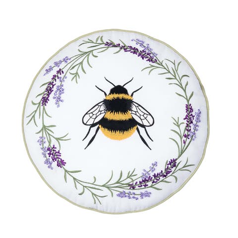 Lavender Bee Wreath Round Embroidered Throw Pillow, 16" x 16"