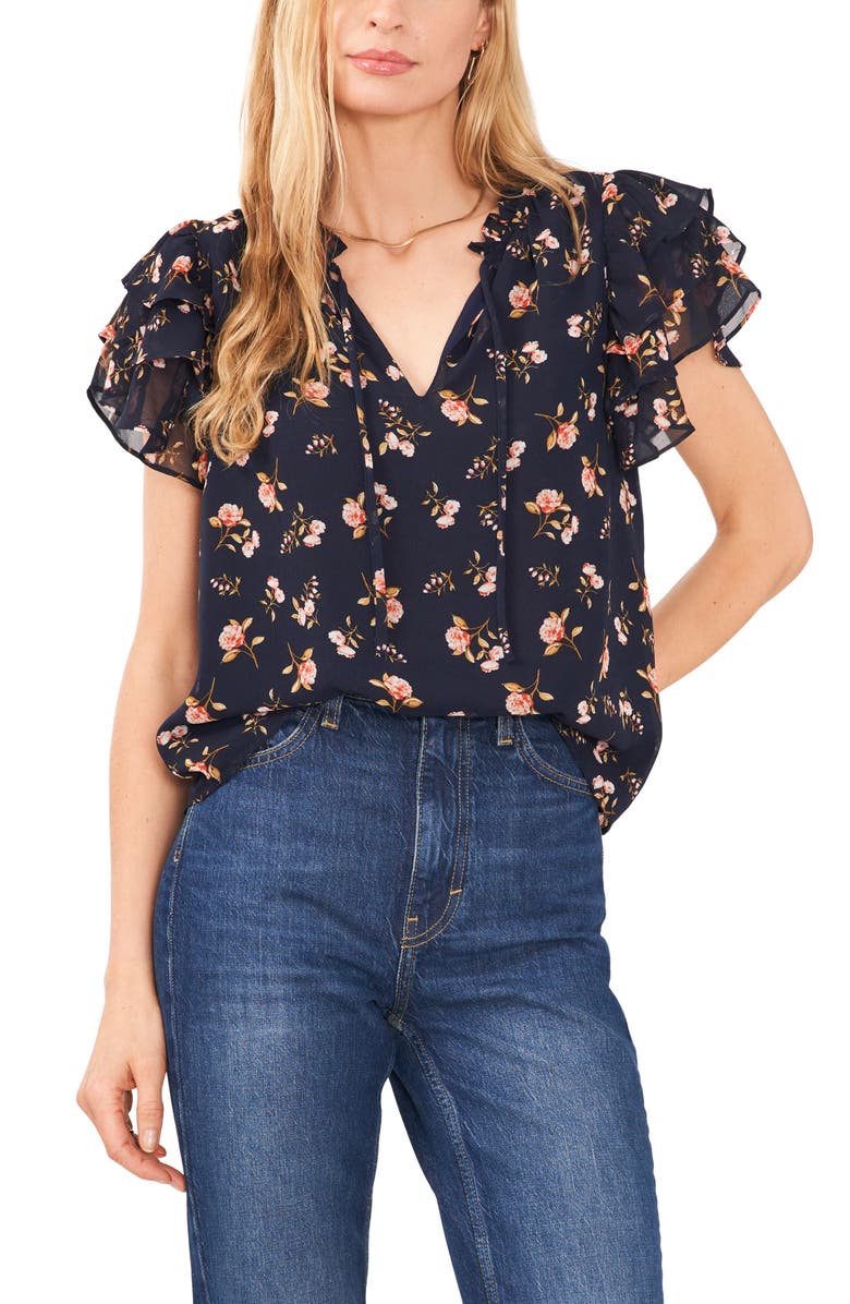 1.STATE Floral Print Flutter Sleeve Top, Main, color, Blue