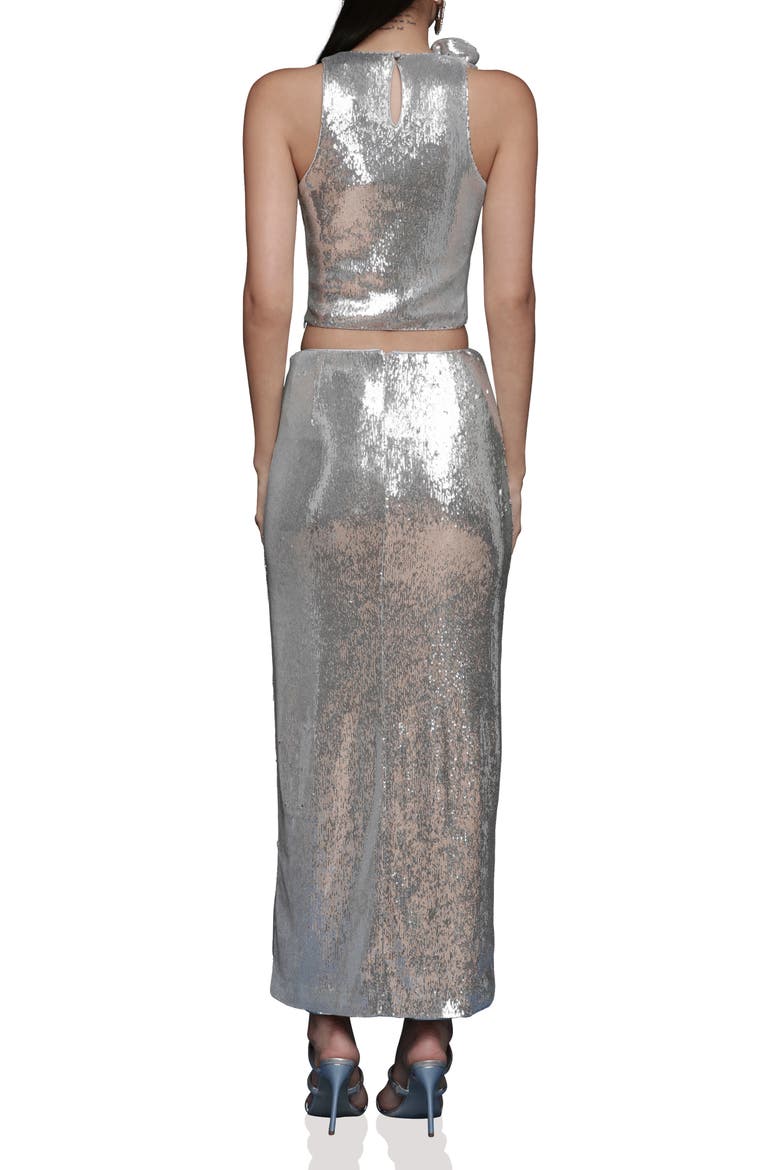 Metallic Rosette Detail Ruched Maxi Skirt, Alternate, color, SILVER