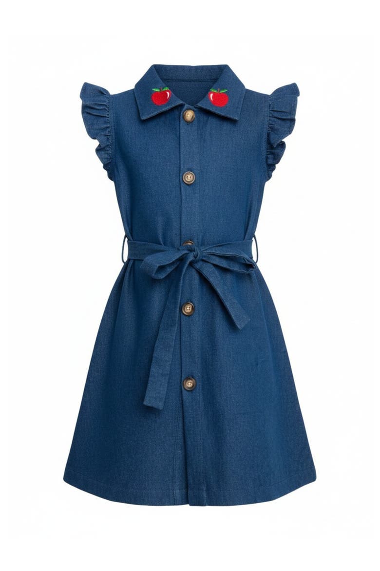 Apple Charm Denim Flutter Sleeve Dress, Main, color, Blue