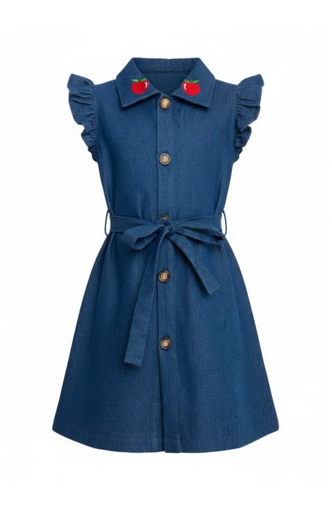 Apple Charm Denim Flutter Sleeve Dress