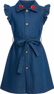 Mia Belle Girls Apple Charm Denim Flutter Sleeve Dress