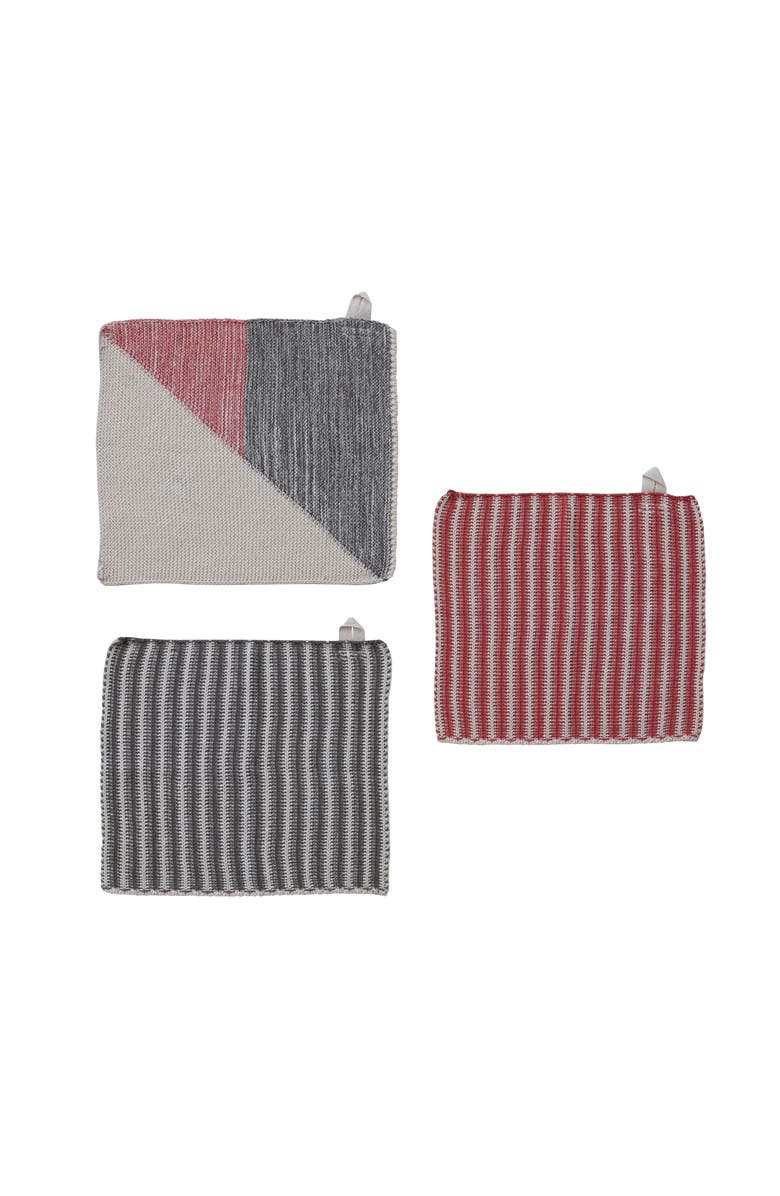 Storied Home 3-Piece Cotton Knit Dish Cloths with Pattern, Red, White and Grey, Main, color, Red