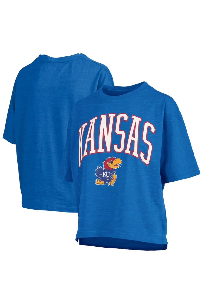 Women's Pressbox Royal Kansas Jayhawks Nelson Arch Over Logo Waist Length Oversized Slub T-Shirt, Main, color, Royal