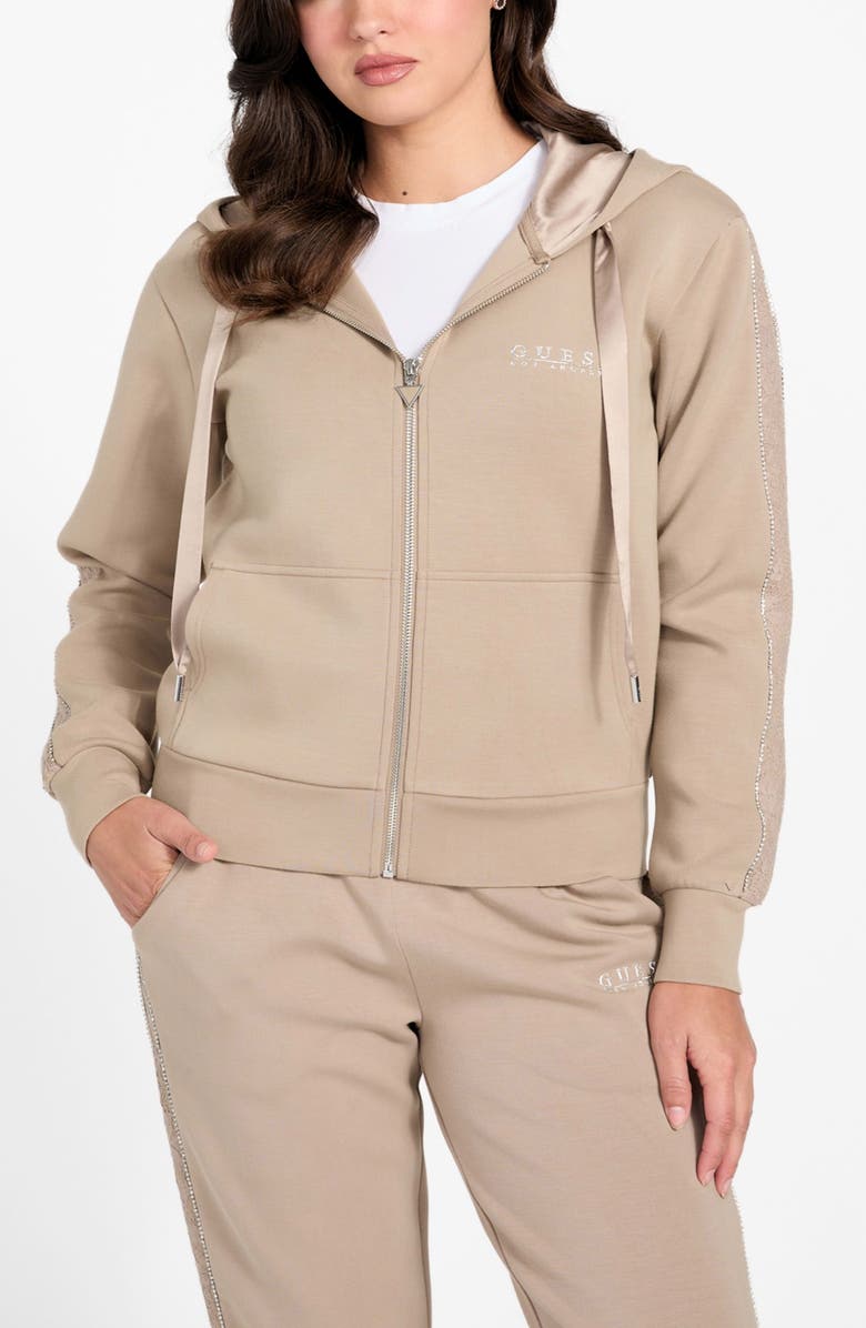 GUESS Rhinestone Embellished Zip Hoodie, Main, color, Beige