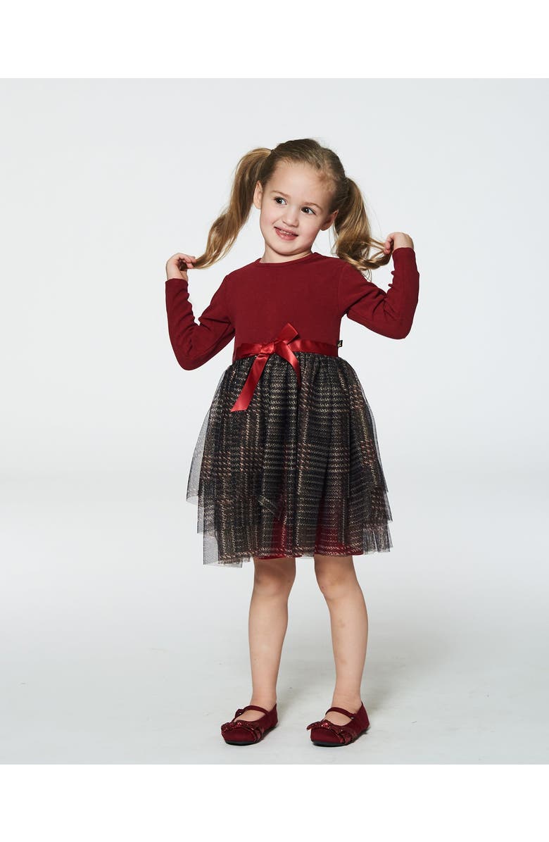 Deux par Deux Baby Girl's Bi-Material Dress With Glittering Tulle Skirt Red Plaid, Alternate, color, 