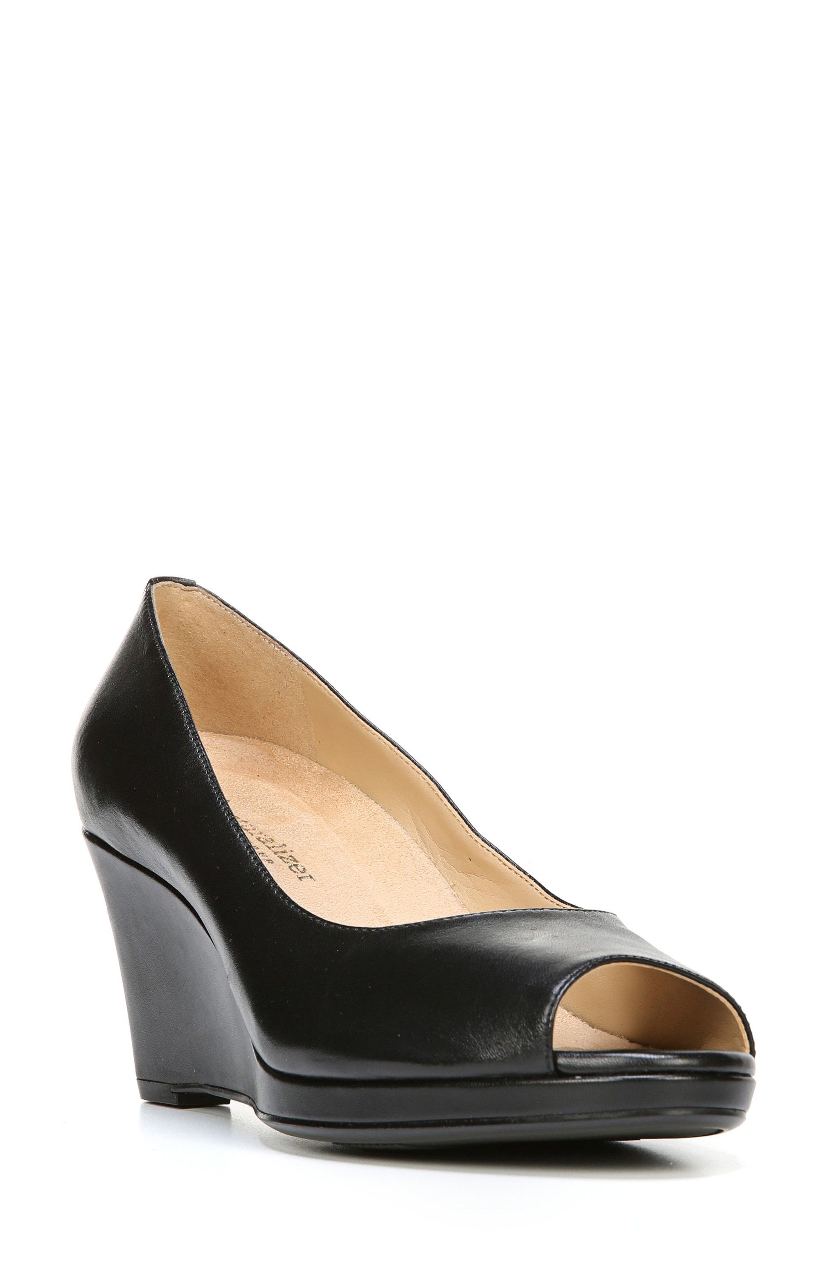 Olivia Peep Toe Wedge, Main, color, BLACK LEATHER