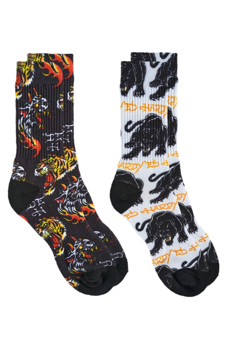 Ed Hardy Mens 360 Tiger Print Full Cushion Crew Sock 2-Pack, Alternate, color, Grey