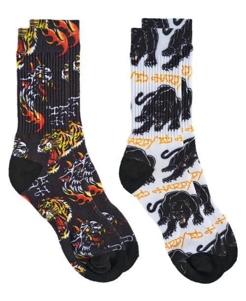 Ed Hardy Mens 360 Tiger Print Full Cushion Crew Sock 2-pack In Gray