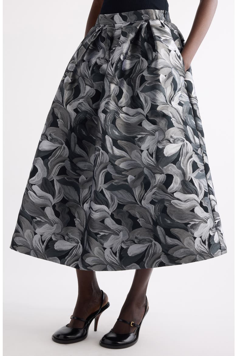 Soni Abstract Floral Jacquard Pleated A-Line Midi Skirt, Alternate, color, BLACK